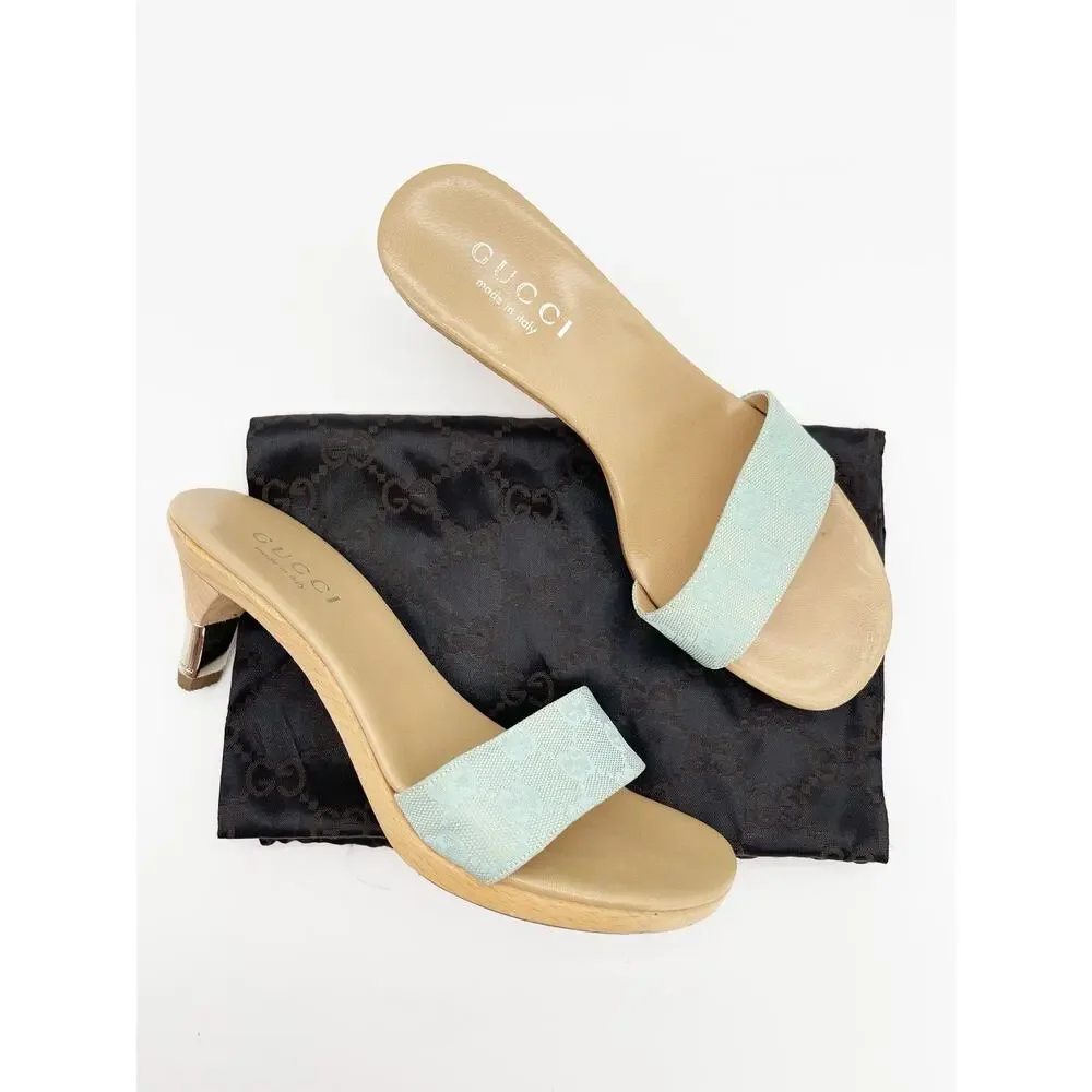 Gucci Vintage Teal GG Monogram Canvas Wooden Heel Slide Mule Sandals EU 36.5